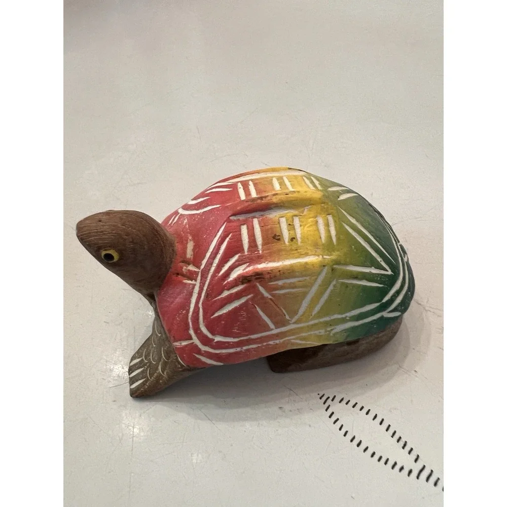 Hand Carved Green Red Yellow Wooden Turtle, Tortoise Figurine Home Décor 3